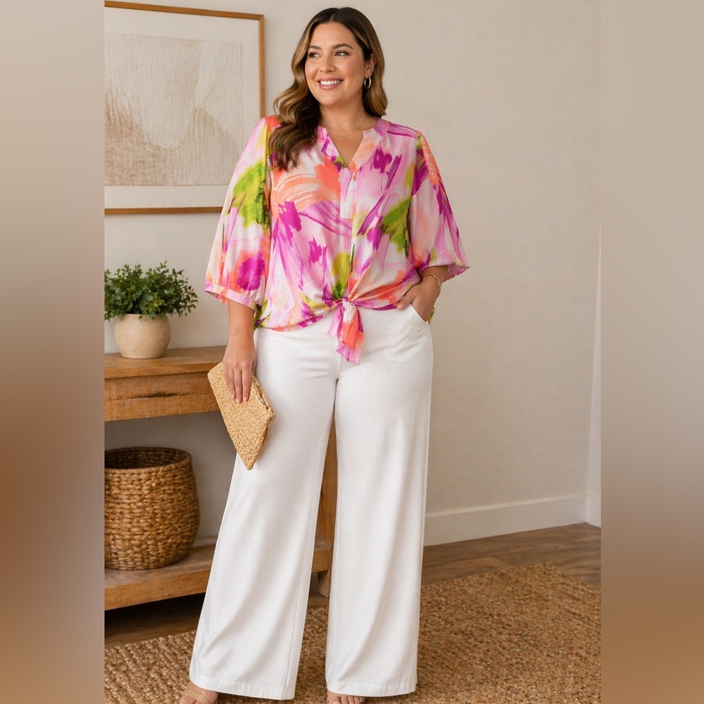 Chico's Pink Orange Green Brushstroke Tie-Hem V-Neck Blouse